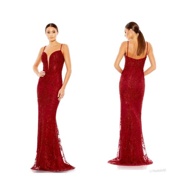 Mac Duggal Embellished Plunge Neck red Mermaid Gown - Size 8 (New) - Picture 1 of 8